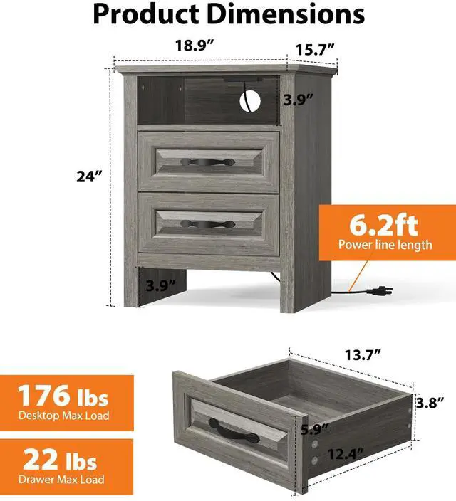 Alt view image 2 of 7 - Pipishell Night Stand Set 2 with Charging Station, Farmhouse Bedside Table with 2 Drawers and Open Storage, Rustic End Table with AC Outlets & Type-C Ports for Bedroom, Grey, 2 Pack