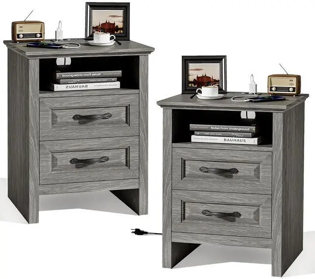 Main image of Pipishell Night Stand Set 2 with Charging Station, Farmhouse Bedside Table with 2 Drawers and Open Storage, Rustic End Table with AC Outlets & Type-C Ports for Bedroom, Grey, 2 Pack