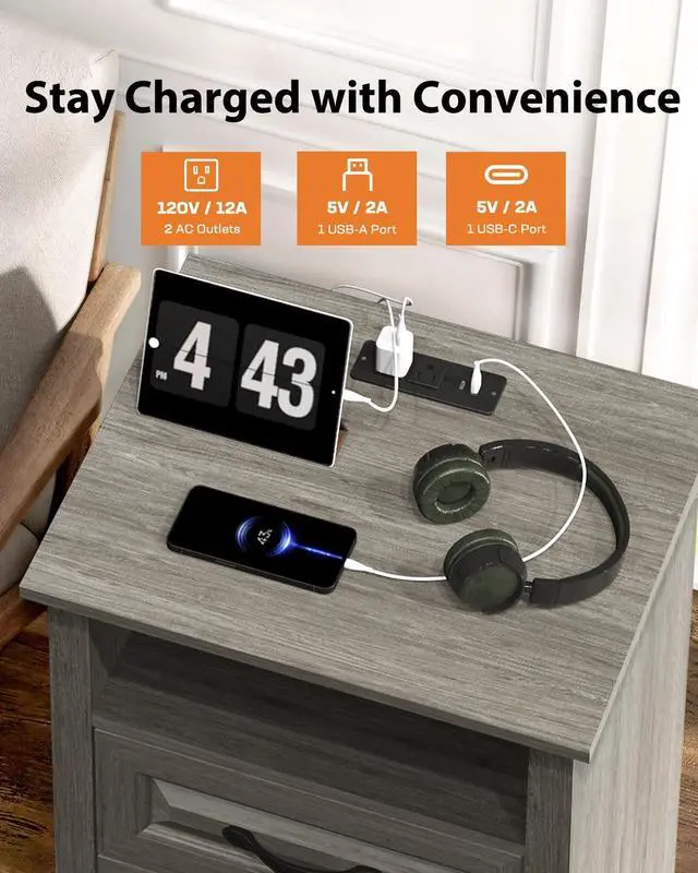 Alt view image 3 of 7 - Pipishell Night Stand Set 2 with Charging Station, Farmhouse Bedside Table with 2 Drawers and Open Storage, Rustic End Table with AC Outlets & Type-C Ports for Bedroom, Grey, 2 Pack