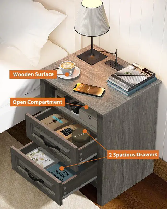 Alt view image 4 of 7 - Pipishell Night Stand Set 2 with Charging Station, Farmhouse Bedside Table with 2 Drawers and Open Storage, Rustic End Table with AC Outlets & Type-C Ports for Bedroom, Grey, 2 Pack