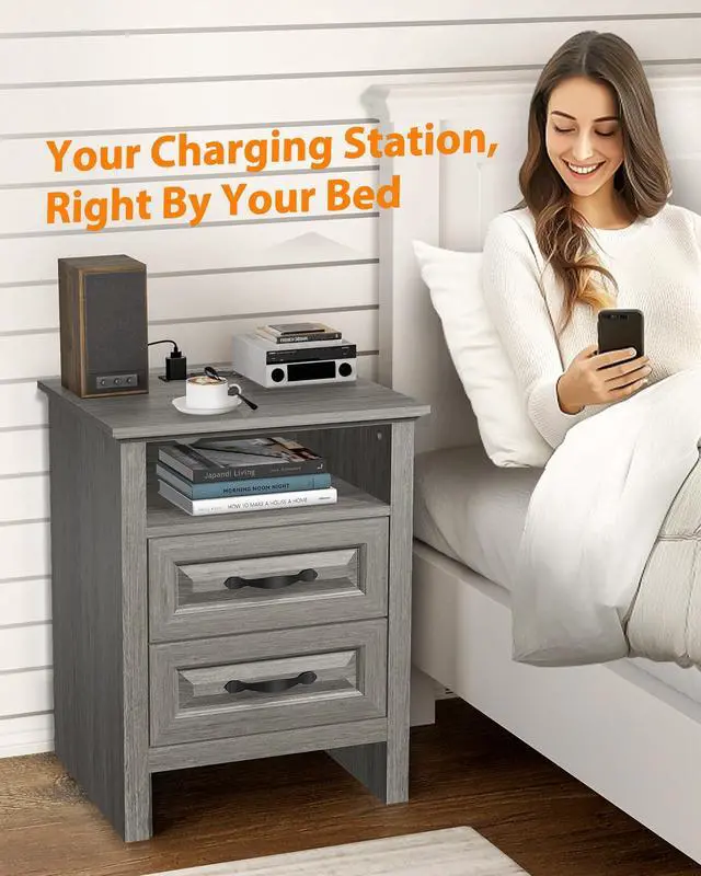 Alt view image 6 of 7 - Pipishell Night Stand Set 2 with Charging Station, Farmhouse Bedside Table with 2 Drawers and Open Storage, Rustic End Table with AC Outlets & Type-C Ports for Bedroom, Grey, 2 Pack
