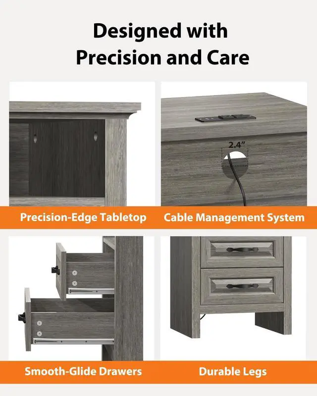 Alt view image 5 of 7 - Pipishell Night Stand Set 2 with Charging Station, Farmhouse Bedside Table with 2 Drawers and Open Storage, Rustic End Table with AC Outlets & Type-C Ports for Bedroom, Grey, 2 Pack