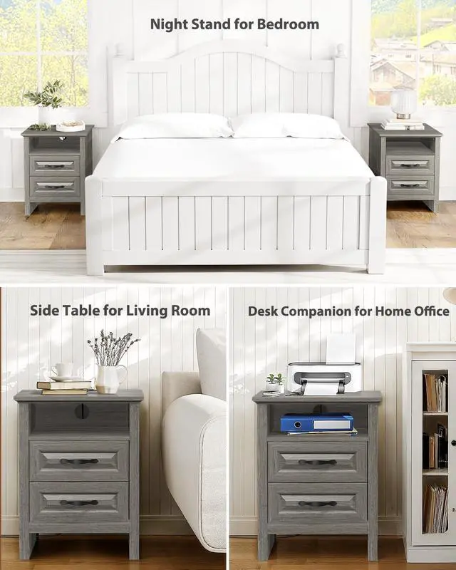 Alt view image 7 of 7 - Pipishell Night Stand Set 2 with Charging Station, Farmhouse Bedside Table with 2 Drawers and Open Storage, Rustic End Table with AC Outlets & Type-C Ports for Bedroom, Grey, 2 Pack