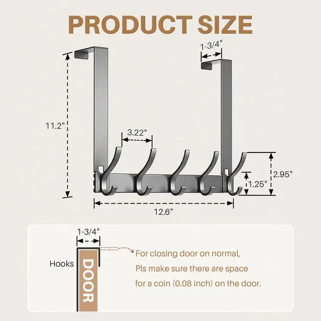 Alt view image 3 of 7 - Over The Door Hooks, Door Hanger Hooks for Hanging, Over The Door Towel Racks, Over The Door Hanger, Coat Rack with 10 Coat Hooks, Wreath Door Hanger Over The Door Organizer, Gray
