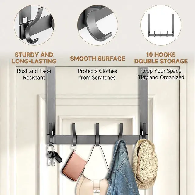 Alt view image 4 of 7 - Over The Door Hooks, Door Hanger Hooks for Hanging, Over The Door Towel Racks, Over The Door Hanger, Coat Rack with 10 Coat Hooks, Wreath Door Hanger Over The Door Organizer, Gray