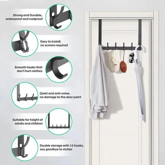 Alt view image 5 of 6 - Over The Door Hooks, Door Hanger Hooks for Hanging, Over The Door Towel Racks, Over The Door Hanger, Coat Rack with 14 Coat Hooks, Wreath Door Hanger Over The Door Organizer, Gray