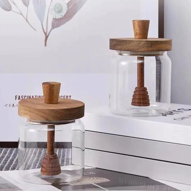 Alt view image 2 of 6 - Sunjoy Tech 500ML Glass Honey Jar with Wooden Dipper Lid Airtight Honey Pot Set Transparent Honey Dipper Stick And Jar Set for Easy Monitoring Wide Mouth Dispenser Container with Spiral Dipper Stick