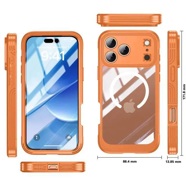 Alt view image 2 of 5 - Decase for iPhone 17 Pro Max 2025 Magnetic Case,Full-Body Protective Phone Cover with Built-in Glass Screen Protector,Compatible with Mag-Safe,Shock-absorbent TPU Bumper Water-Resistant Cover,Orange