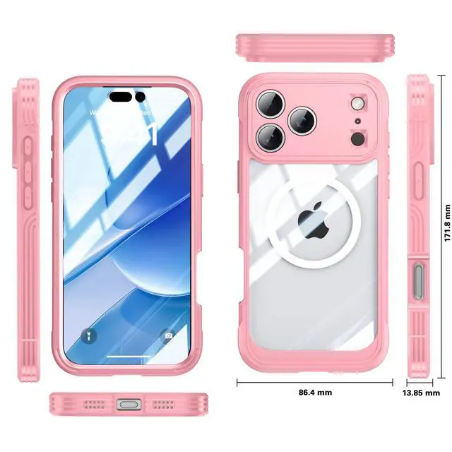 Alt view image 5 of 5 - Decase Magnetic Case for iPhone 17 Pro Max 2025,Military Grade Rugged 360 Full Body Cover Built in Screen Protector,Compatible with Mag-Safe,Heavy Duty Hard PC+TPU Hybrid Clear Cover,Pink