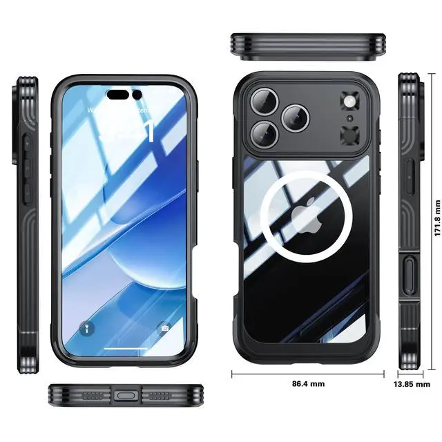 Alt view image 6 of 6 - Decase Magnetic Case for iPhone 17 Pro Max 2025,Military Grade Rugged 360 Full Body Cover Built in Screen Protector,Compatible with Mag-Safe,Heavy Duty Hard PC+TPU Hybrid Clear Cover,Black