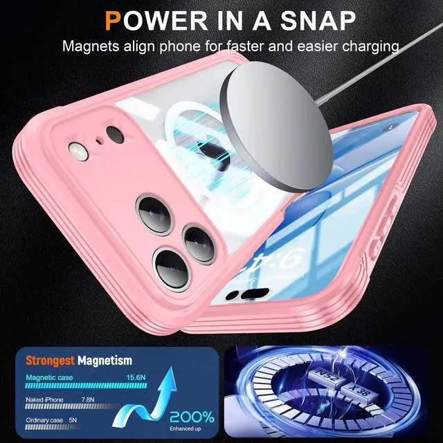 Alt view image 4 of 5 - Decase Magnetic Case for iPhone 17 Pro Max 2025,Military Grade Rugged 360 Full Body Cover Built in Screen Protector,Compatible with Mag-Safe,Heavy Duty Hard PC+TPU Hybrid Clear Cover,Pink