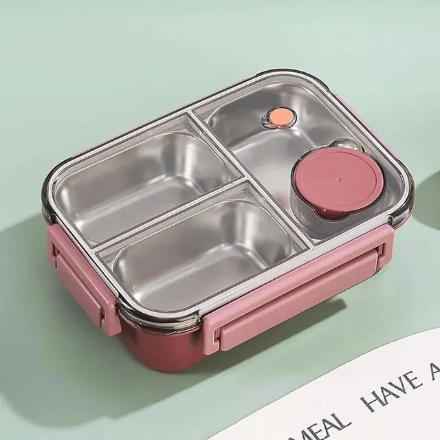 Main image of Aiteng Lunch Box with Tableware, Stainless Steel Bento Box Adult, Leakproof Portable Lunch Box Containers with 3-Compartments, Pink