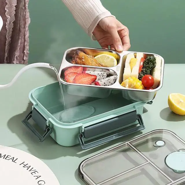 Alt view image 5 of 7 - Aiteng Lunch Box with Tableware, Stainless Steel Bento Box Adult, Leakproof Portable Lunch Box Containers with 3-Compartments, Pink