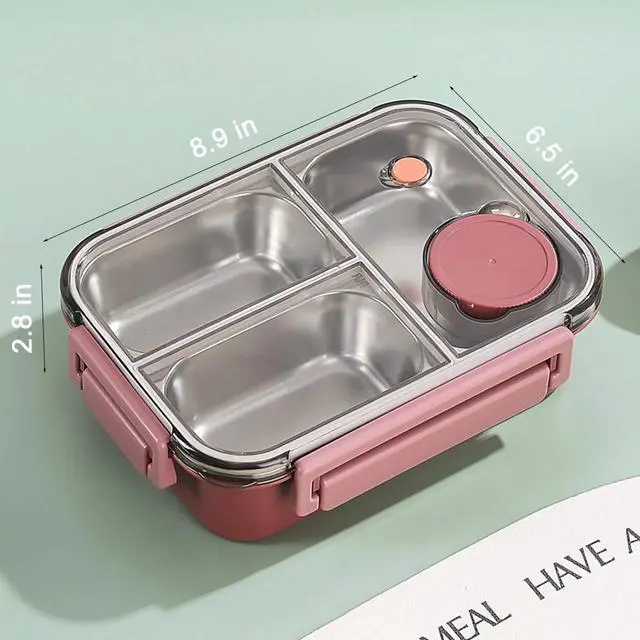 Alt view image 7 of 7 - Aiteng Lunch Box with Tableware, Stainless Steel Bento Box Adult, Leakproof Portable Lunch Box Containers with 3-Compartments, Pink
