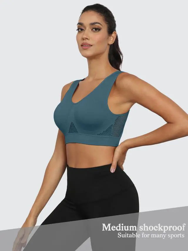 Alt view image 2 of 5 - MINTREUS Women's Sports Bra Moderate Support Wide Strap Mesh Breathable Fitness Workout Yoga Bra