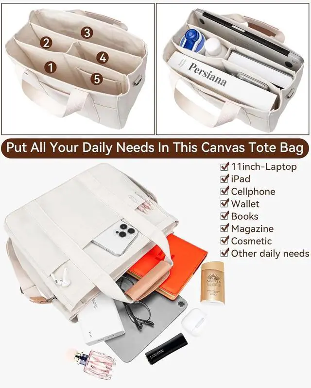 Alt view image 5 of 7 - Canvas Tote Bag with Multi-Pocket for Women Large Capacity Crossbody Shoulder Handbag Everything Tote Bag with Compartments