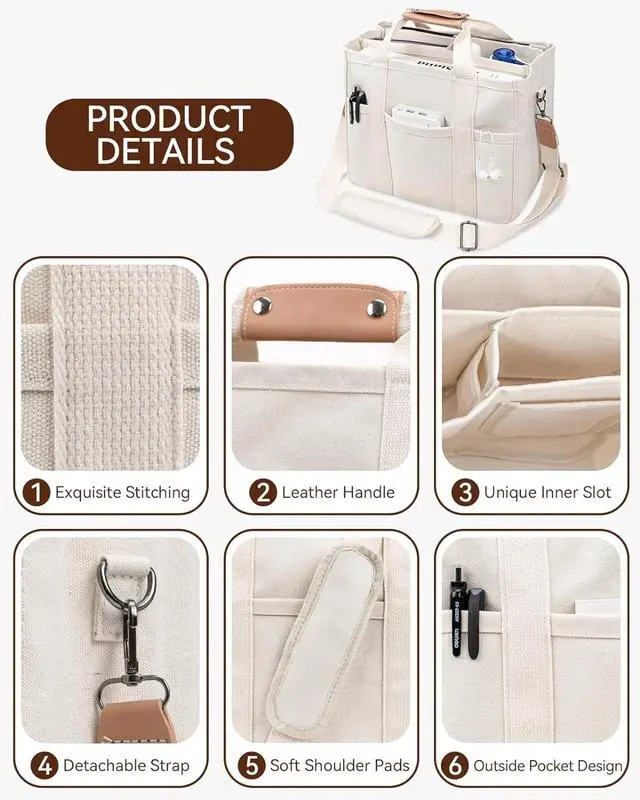 Alt view image 6 of 7 - Canvas Tote Bag with Multi-Pocket for Women Large Capacity Crossbody Shoulder Handbag Everything Tote Bag with Compartments