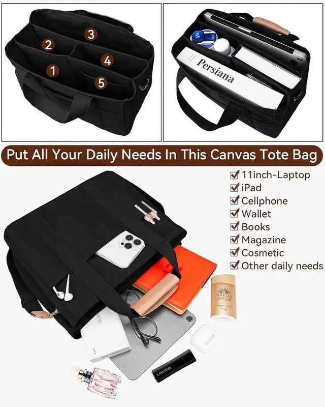 Alt view image 3 of 7 - Canvas Tote Bag with Multi-Pocket for Women Large Capacity Crossbody Shoulder Handbag Everything Tote Bag with Compartments