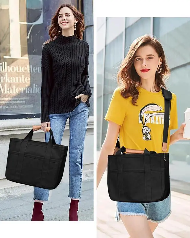 Alt view image 2 of 7 - Canvas Tote Bag with Multi-Pocket for Women Large Capacity Crossbody Shoulder Handbag Everything Tote Bag with Compartments
