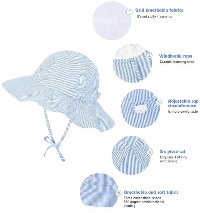 Alt view image 4 of 7 - Zando Cotton Baby Sun Hat Breathable Wide Brim Infant Toddler Sun Hat Baby Boy Girl Sun Hat Summer Hat Sun Protection Blue 3-6 Months