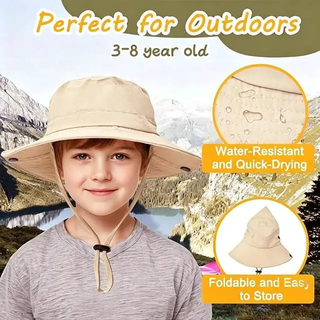 Alt view image 3 of 6 - Outdoor Kids Sun Hat UPF 50+ Quick Dry Foldable Bucket Hat Lightweight Adjustable Fishing Safari Hat for Girls and Boys Khaki