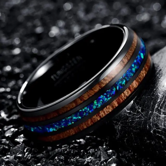 Alt view image 2 of 3 - 8mm Handmade Blue Opal Inlay Tungsten Carbide Ring with Hawaii Koa Wood for Unisex