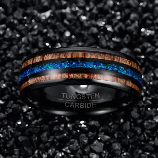 Alt view image 3 of 3 - 8mm Handmade Blue Opal Inlay Tungsten Carbide Ring with Hawaii Koa Wood for Unisex
