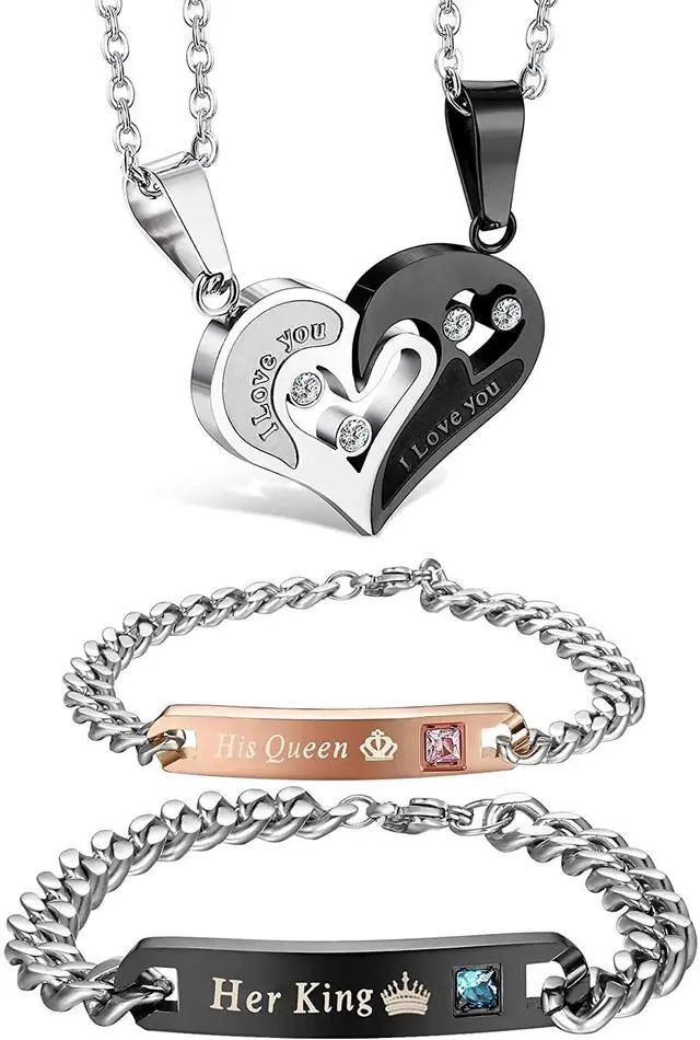 Main image of Jstyle 4Pcs Couple Necklace Bracelets Matching Set for Women Men Love Heart Pendant Necklace His & Hers Bracelets Couple Gift