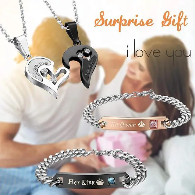 Alt view image 5 of 5 - Jstyle 4Pcs Couple Necklace Bracelets Matching Set for Women Men Love Heart Pendant Necklace His & Hers Bracelets Couple Gift