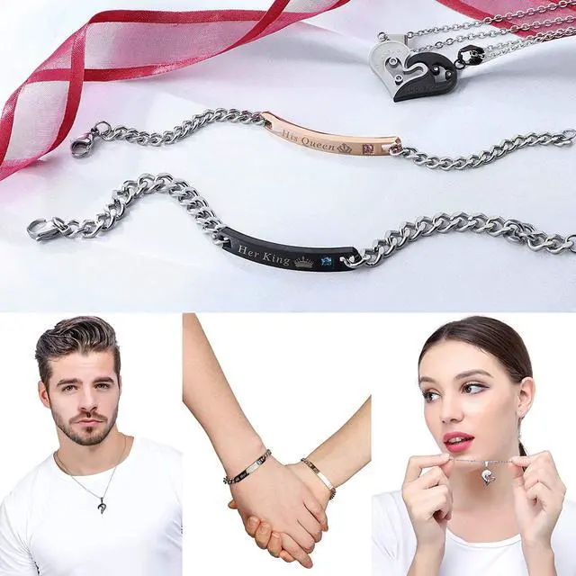 Alt view image 2 of 5 - Jstyle 4Pcs Couple Necklace Bracelets Matching Set for Women Men Love Heart Pendant Necklace His & Hers Bracelets Couple Gift
