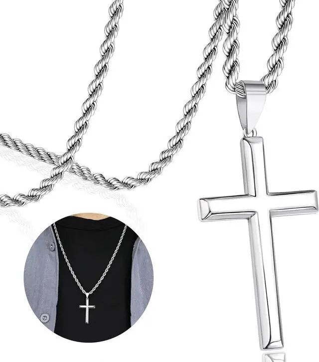 Main image of 925 Sterling Silver Cross Necklace for Men Women Cross Pendant with 3.5mm Stainless Steel Clasp Rope Chain Necklace for Men 18 Inche|925 Sterling Silver Cross Pendant for Women Cross Pendant Necklace