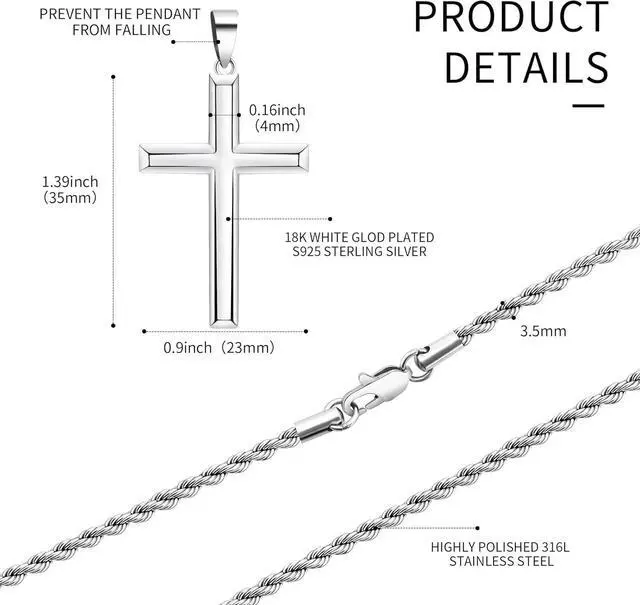 Alt view image 3 of 7 - 925 Sterling Silver Cross Necklace for Men Women Cross Pendant with 3.5mm Stainless Steel Clasp Rope Chain Necklace for Men 18 Inche|925 Sterling Silver Cross Pendant for Women Cross Pendant Necklace