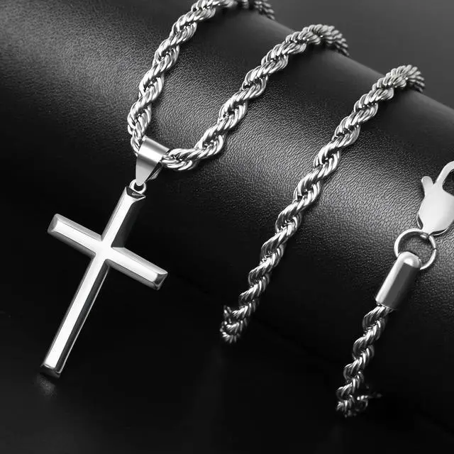 Alt view image 4 of 7 - 925 Sterling Silver Cross Necklace for Men Women Cross Pendant with 3.5mm Stainless Steel Clasp Rope Chain Necklace for Men 18 Inche|925 Sterling Silver Cross Pendant for Women Cross Pendant Necklace