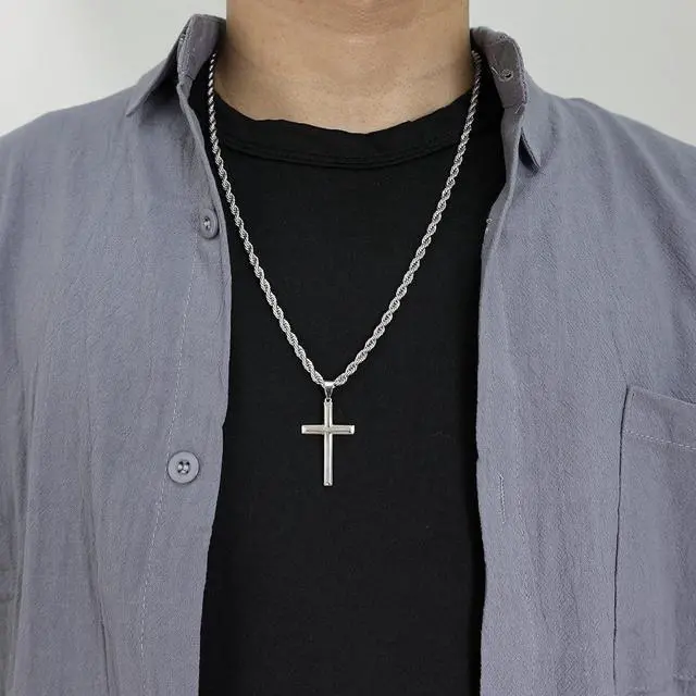 Alt view image 2 of 7 - 925 Sterling Silver Cross Necklace for Men Women Cross Pendant with 3.5mm Stainless Steel Clasp Rope Chain Necklace for Men 18 Inche|925 Sterling Silver Cross Pendant for Women Cross Pendant Necklace
