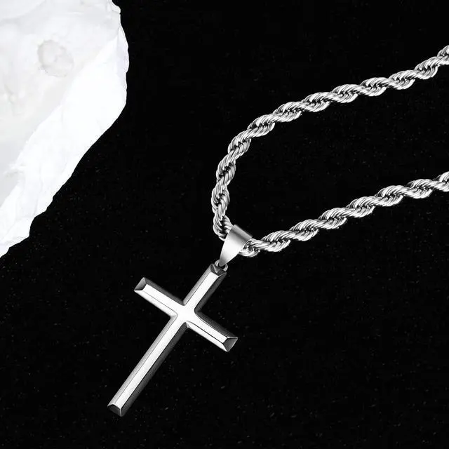 Alt view image 7 of 7 - 925 Sterling Silver Cross Necklace for Men Women Cross Pendant with 3.5mm Stainless Steel Clasp Rope Chain Necklace for Men 18 Inche|925 Sterling Silver Cross Pendant for Women Cross Pendant Necklace