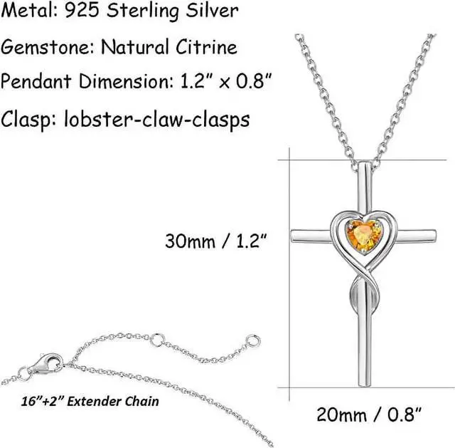 Alt view image 2 of 7 - FANCIME Cross Necklace for Women Sterling Silver Birthstone Natural Citrine Infinity Heart Cross Crucifix Pendant November Birthstone Jewelry Valentines Day Gifts Birthday Gifts for Women