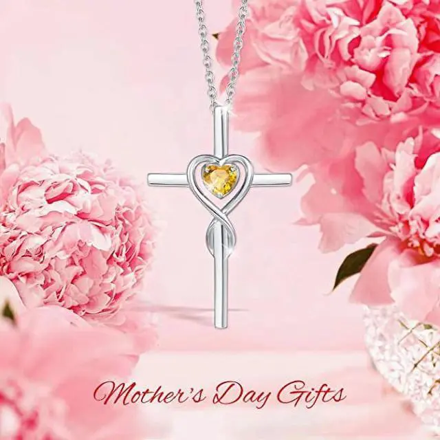 Alt view image 4 of 7 - FANCIME Cross Necklace for Women Sterling Silver Birthstone Natural Citrine Infinity Heart Cross Crucifix Pendant November Birthstone Jewelry Valentines Day Gifts Birthday Gifts for Women