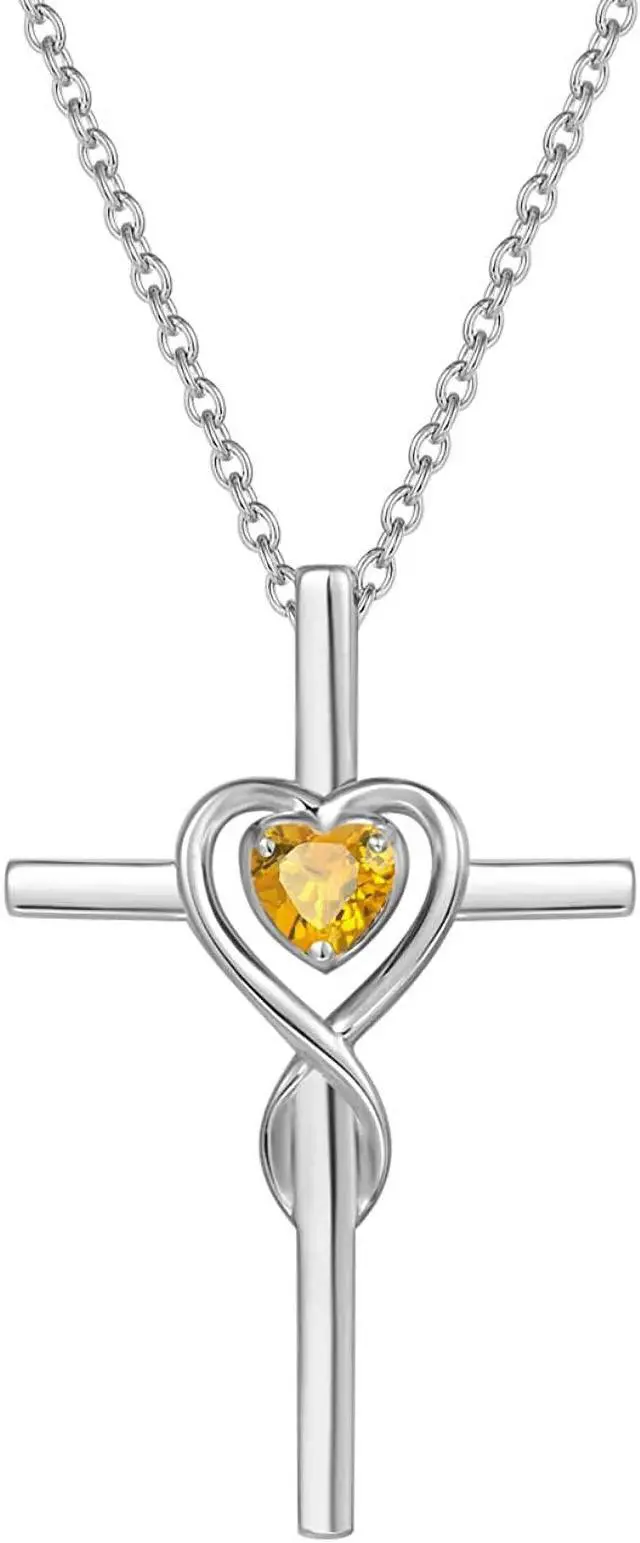 Main image of FANCIME Cross Necklace for Women Sterling Silver Birthstone Natural Citrine Infinity Heart Cross Crucifix Pendant November Birthstone Jewelry Valentines Day Gifts Birthday Gifts for Women