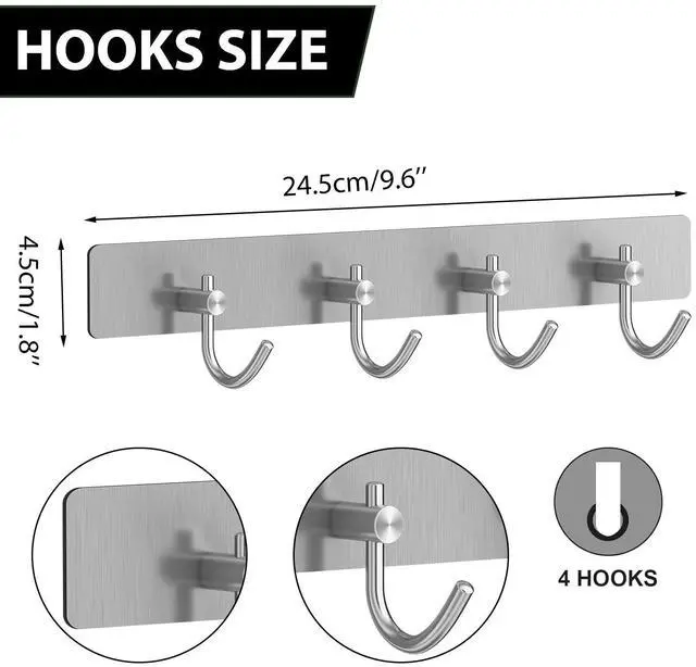 Alt view image 2 of 4 - Self Adhesive Hooks, Heavy Duty Stainless Steel Wall Hooks for Towels Keys Coats Bathroom Kitchen, 4 Hooks