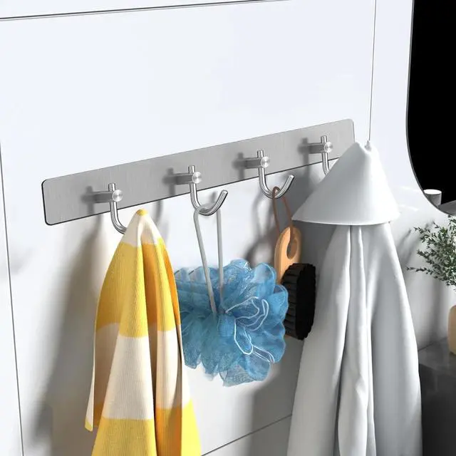 Main image of Self Adhesive Hooks, Heavy Duty Stainless Steel Wall Hooks for Towels Keys Coats Bathroom Kitchen, 4 Hooks