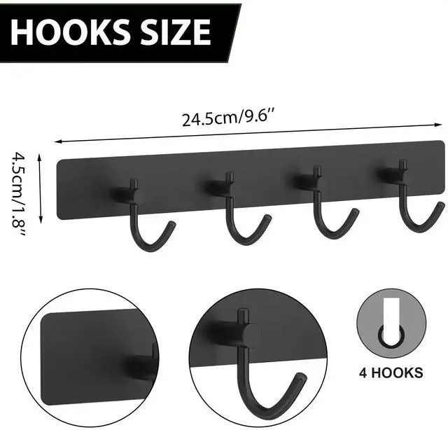 Alt view image 2 of 4 - Self Adhesive Hooks, Heavy Duty Stainless Steel Wall Hooks for Towels Keys Coats Bathroom Kitchen, 4 Hooks