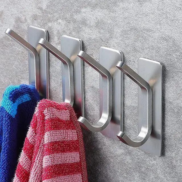 Main image of Adhesive Towel Hooks, Stainless Steel, Heavy Duty, 4-Pack