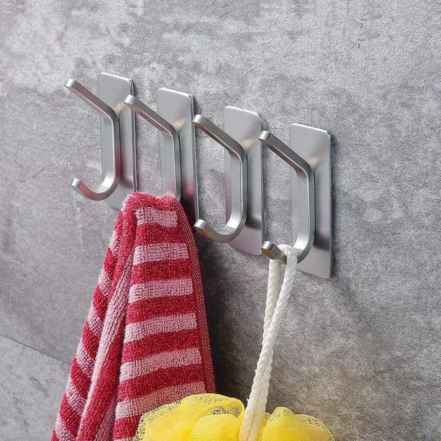 Alt view image 2 of 6 - Adhesive Towel Hooks, Stainless Steel, Heavy Duty, 4-Pack