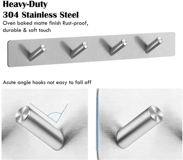 Alt view image 2 of 5 - Self Adhesive Hooks, Heavy Duty Stainless Steel Wall Hooks for Towels Keys Coats Bathroom Kitchen, 4 Hooks