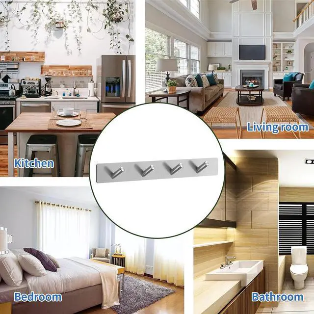 Alt view image 4 of 5 - Self Adhesive Hooks, Heavy Duty Stainless Steel Wall Hooks for Towels Keys Coats Bathroom Kitchen, 4 Hooks