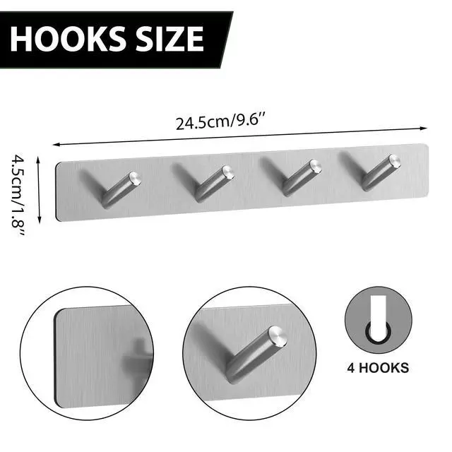 Alt view image 5 of 5 - Self Adhesive Hooks, Heavy Duty Stainless Steel Wall Hooks for Towels Keys Coats Bathroom Kitchen, 4 Hooks