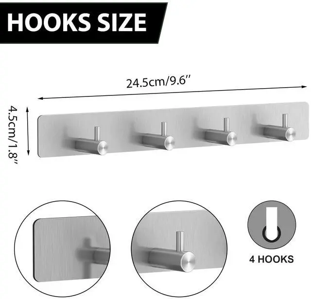 Alt view image 4 of 6 - Self Adhesive Hooks, Heavy Duty Stainless Steel Wall Hooks for Towels Keys Coats Bathroom Kitchen, 4 Hooks