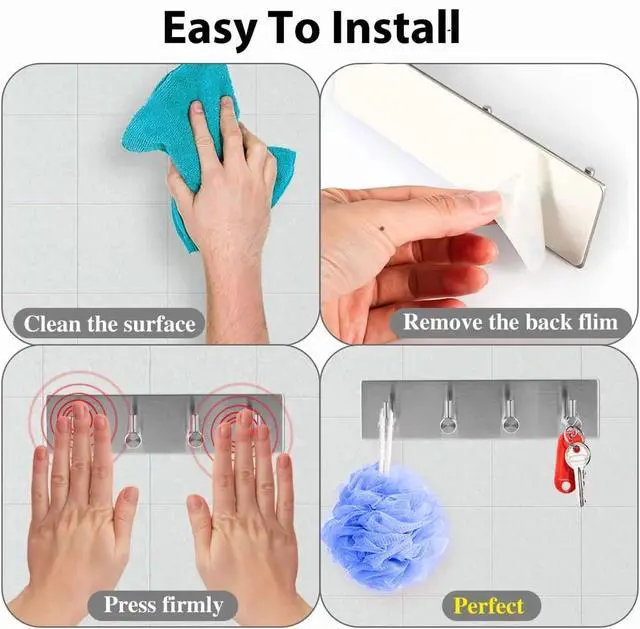 Alt view image 5 of 6 - Self Adhesive Hooks, Heavy Duty Stainless Steel Wall Hooks for Towels Keys Coats Bathroom Kitchen, 4 Hooks