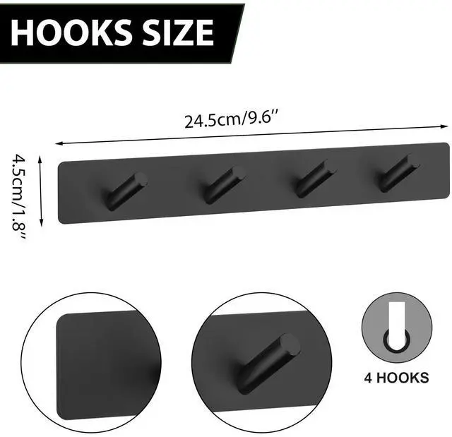 Alt view image 5 of 5 - Self Adhesive Hooks, Heavy Duty Stainless Steel Wall Hooks for Towels Keys Coats Bathroom Kitchen, 4 Hooks