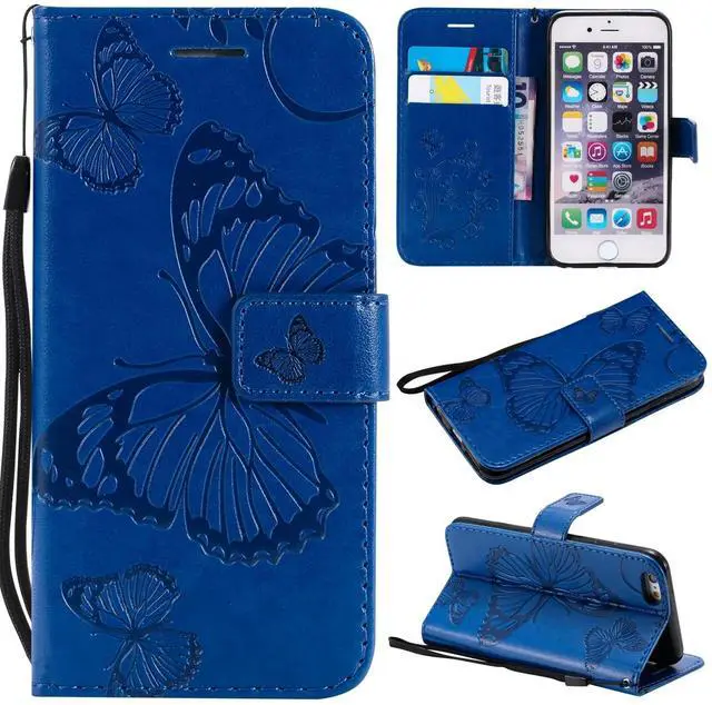 Main image of iPhone 6 Plus/ 6S Plus Wallet case, Allytech Pretty Retro Embossed Butterfly Flower Design PU Leather Book Style Wallet Flip Case Cover for Apple iPhone 6 Plus and iPhone 6S Plus, Blue
